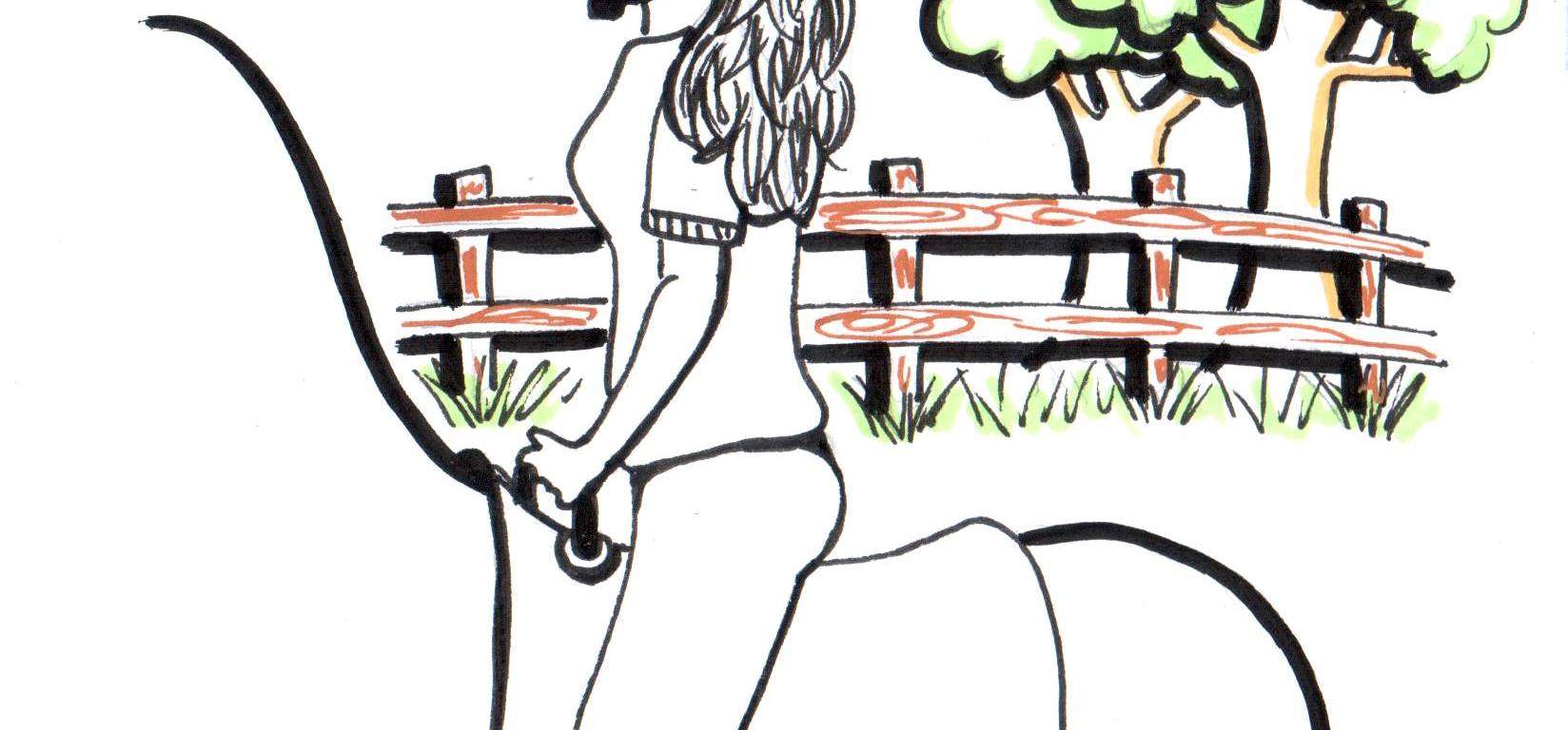 Desenho de uma praticante de Equoterapia montada um cavalo e no fundo árvores, cerca, nuvens, sol e pássaros.