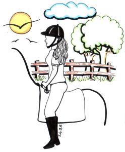 Desenho de uma praticante de Equoterapia montada um cavalo e no fundo árvores, cerca, nuvens, sol e pássaros.